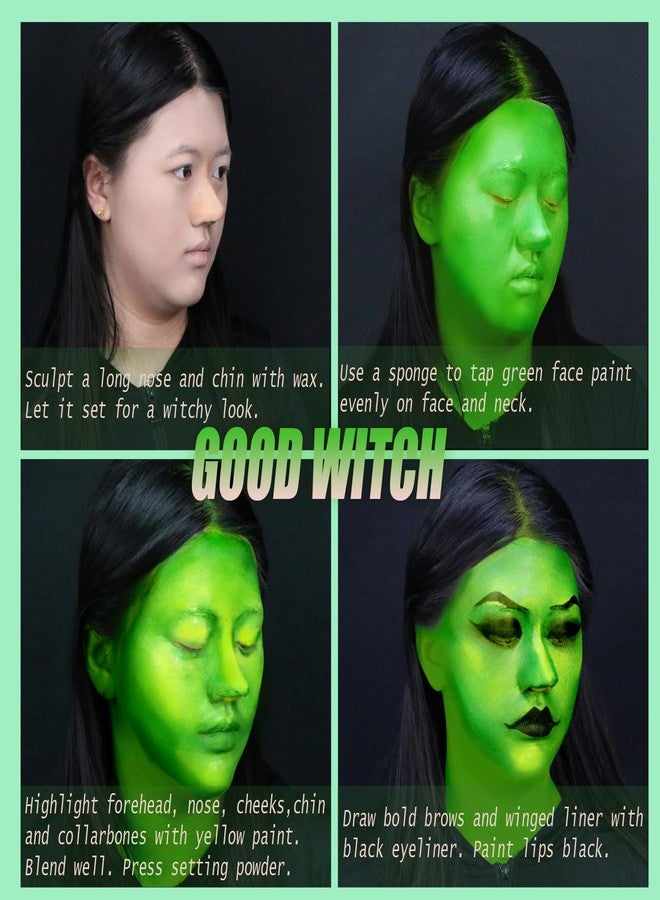 paminify Green Witch Makeup Kit,Elphaba Costume Face Paint,Black Green Yellow Face Paint with Setting Powder,Halloween SFX Scar Wax Putty Wound Makeup,Frankenstein Gamora Hunting Hulk Body Paint - Image 5