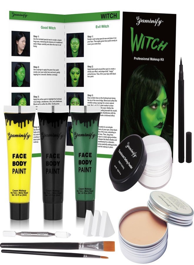 paminify Green Witch Makeup Kit,Elphaba Costume Face Paint,Black Green Yellow Face Paint with Setting Powder,Halloween SFX Scar Wax Putty Wound Makeup,Frankenstein Gamora Hunting Hulk Body Paint - Image 1