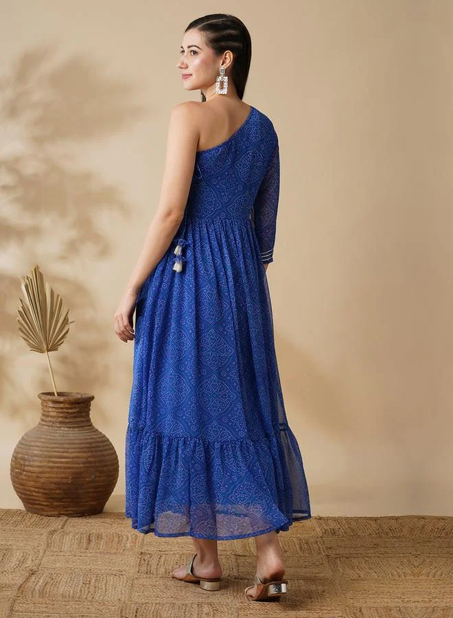 globus Women Blue Bandhani Print One Shoulder A-Line Maxi Dress with Sequin Detail