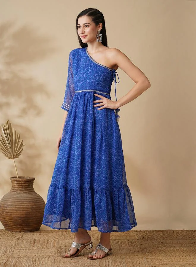 جلو باص Globus Women Blue Bandhani Print One Shoulder A-Line Maxi Dress with Sequin Detail