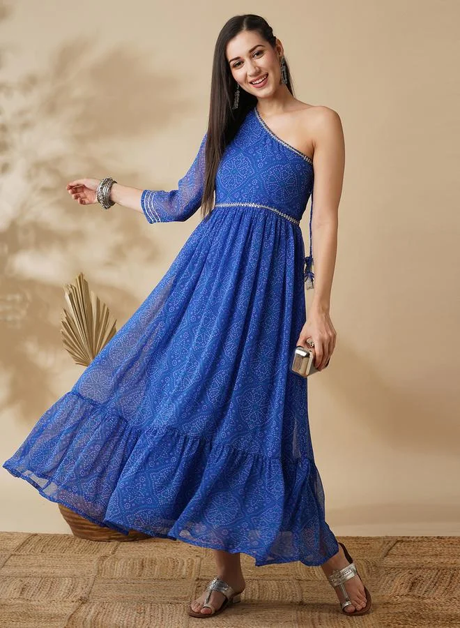 جلو باص Globus Women Blue Bandhani Print One Shoulder A-Line Maxi Dress with Sequin Detail