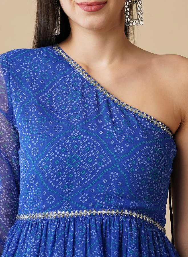 globus Women Blue Bandhani Print One Shoulder A-Line Maxi Dress with Sequin Detail