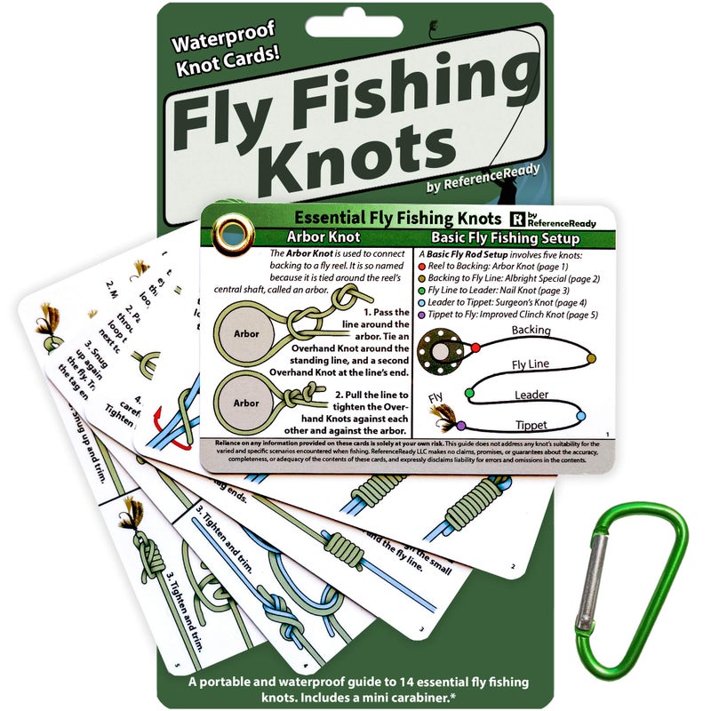 ReferenceReady Fly Fishing Knot Cards - Waterproof Guide to 14 Essential Fly Fishing Knots - Includes Mini Carabiner - Image 1