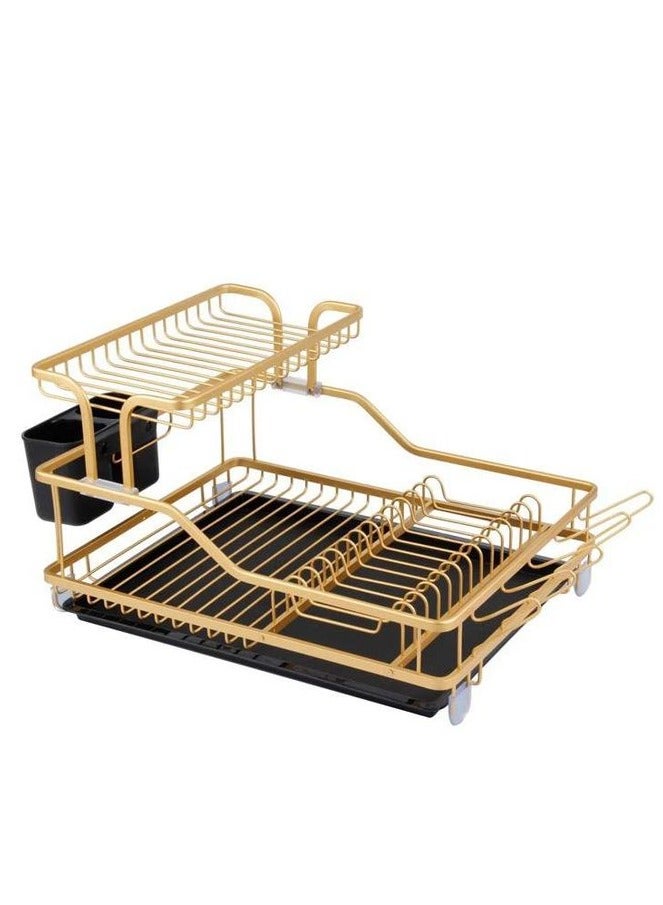 Aluminium Dish Drainer Rack Cutlery Storage Organizer Combo Water Drainer Tray Gold - Image 1