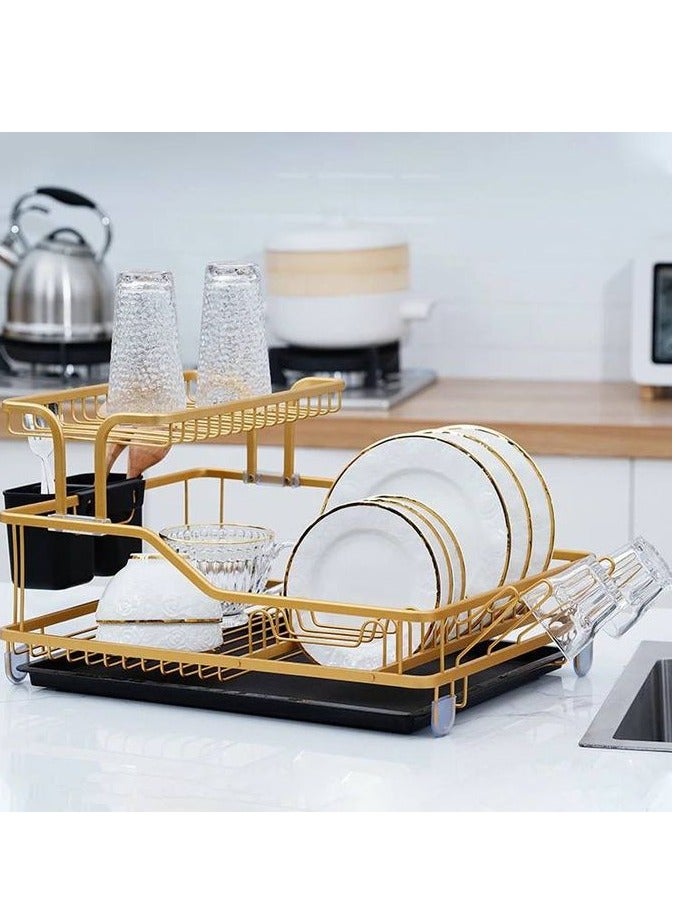 Aluminium Dish Drainer Rack Cutlery Storage Organizer Combo Water Drainer Tray Gold - Image 2
