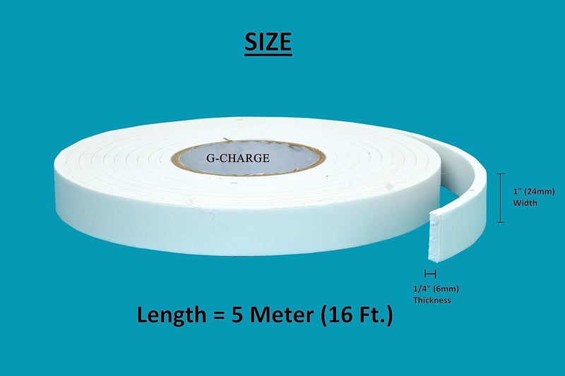 G-Charge Single Sided High Density Self Adhesive Gasket Tape, Weather Stripping Doors and Window Insulation Soundproofing, Foam Sealing Tape White, (1"(W) x 1/4"(T) x 5 Mtr(L), White) - Image 2