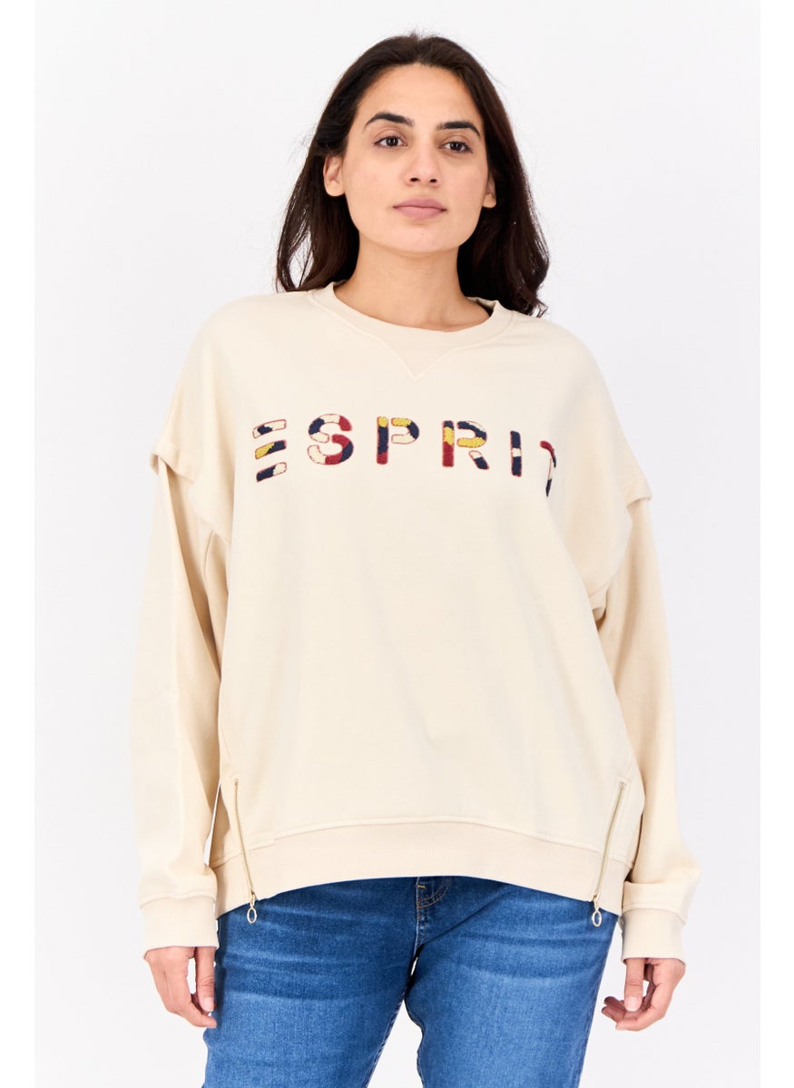 ESPRIT - Women Crew Neck Embroidered Logo Sweatshirt, Beige - Image 1