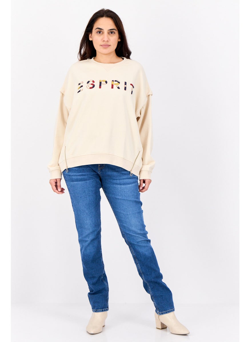 ESPRIT - Women Crew Neck Embroidered Logo Sweatshirt, Beige - Image 1