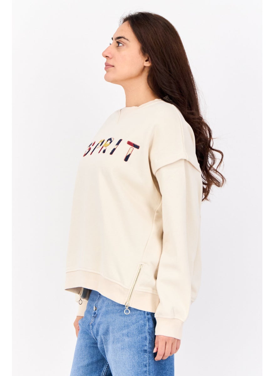 ESPRIT - Women Crew Neck Embroidered Logo Sweatshirt, Beige - Image 1