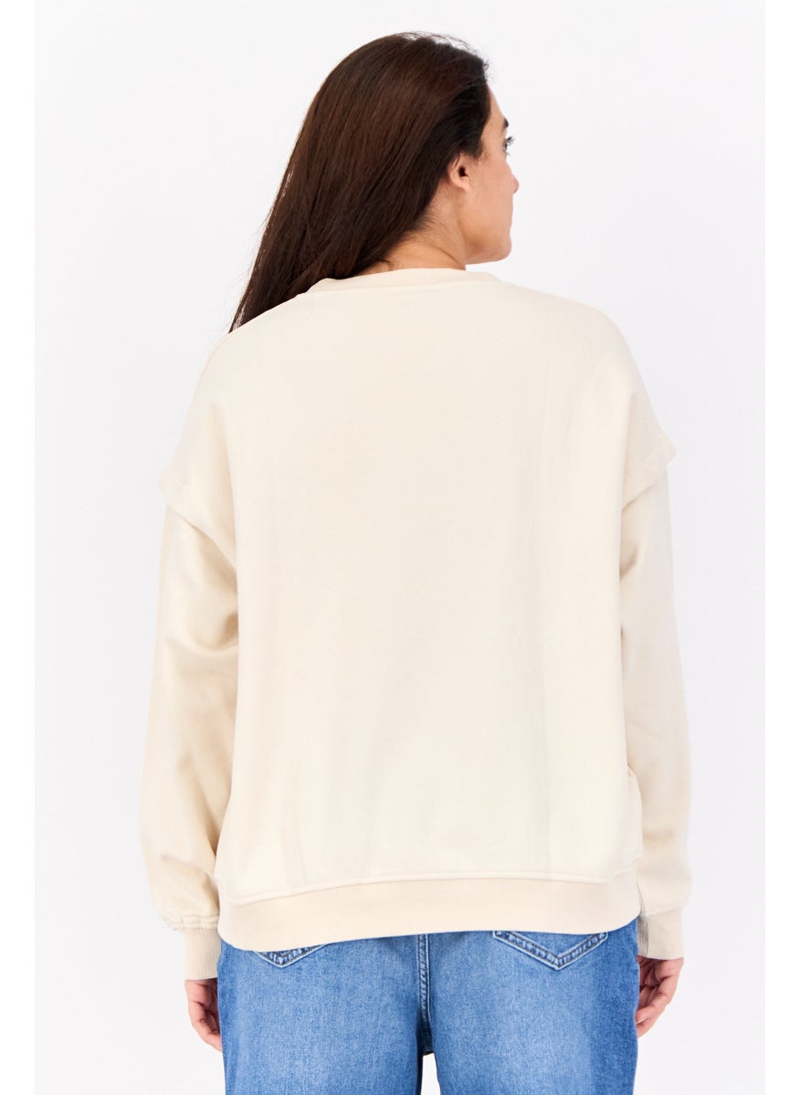 ESPRIT - Women Crew Neck Embroidered Logo Sweatshirt, Beige - Image 1