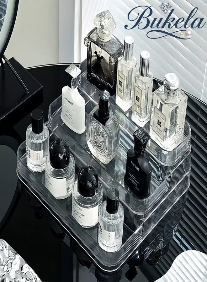 Bukela 3-Tier Clear Acrylic Perfume Organizer, Stair Step Display Stand for Cologne, Skincare, Makeup, Vanity & Bathroom Countertop Storage, Transparent Tiered Shelf for Fragrance Bottles, Essential Oils - Image 1