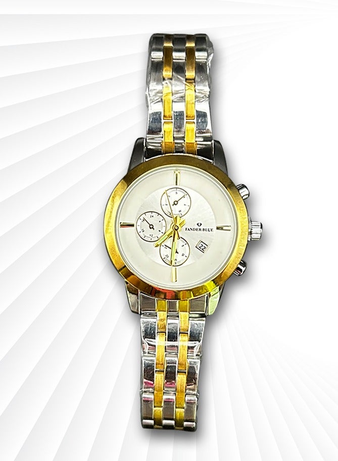 فاندر بلو ساعة نسائية فاخرة سوار معدني مخطط بالذهبي والفضي - Image 1
