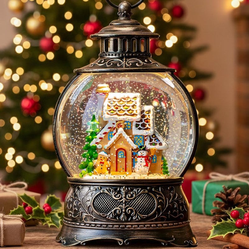 Kirschblüte 10" Christmas Snow Globes Lantern, Sparkling Musical Snowman Gingerbread House Lanterns, USB and Battery Powered Christmas Home Tabletop Decorations Gift - Image 1