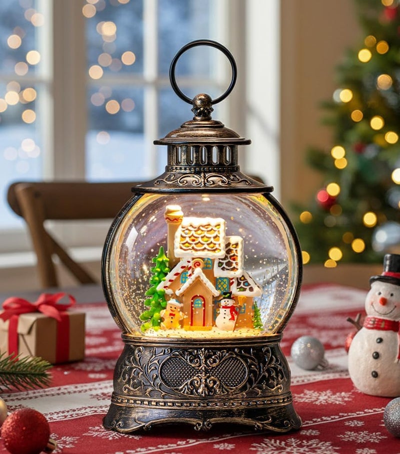 Kirschblüte 10" Christmas Snow Globes Lantern, Sparkling Musical Snowman Gingerbread House Lanterns, USB and Battery Powered Christmas Home Tabletop Decorations Gift - Image 2