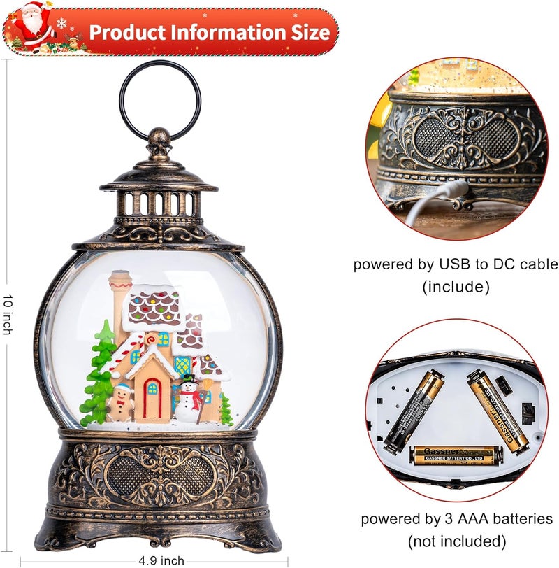 Kirschblüte 10" Christmas Snow Globes Lantern, Sparkling Musical Snowman Gingerbread House Lanterns, USB and Battery Powered Christmas Home Tabletop Decorations Gift - Image 4