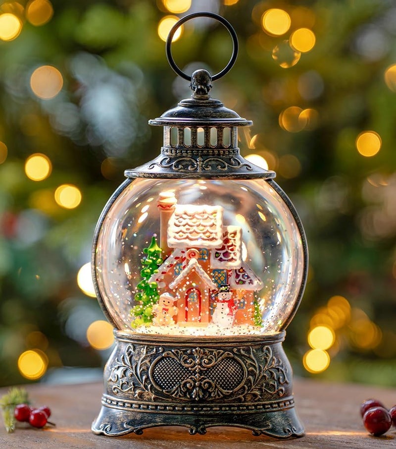 Kirschblüte 10" Christmas Snow Globes Lantern, Sparkling Musical Snowman Gingerbread House Lanterns, USB and Battery Powered Christmas Home Tabletop Decorations Gift - Image 3