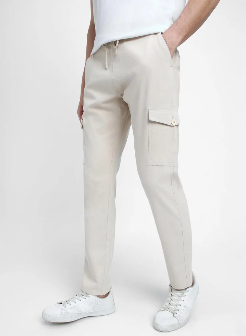 Men'S Cream Cotton Blend Solid Pattern Full Length Chinos Tapered Trouser
