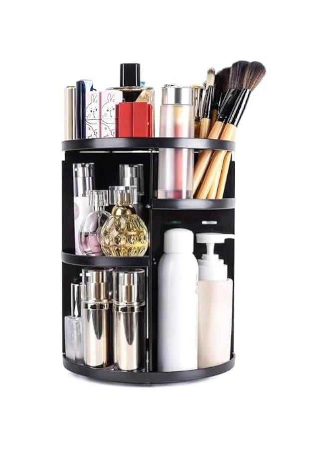 Arabest 360 Rotating Makeup Organizer,DIY Adjustable Spinning Holder,Foldable Cosmetic Storage Display Cases,Large Capacity Make up Caddy Shelf,Fits Countertop Vanity and Bathroom,Black  - Image 1