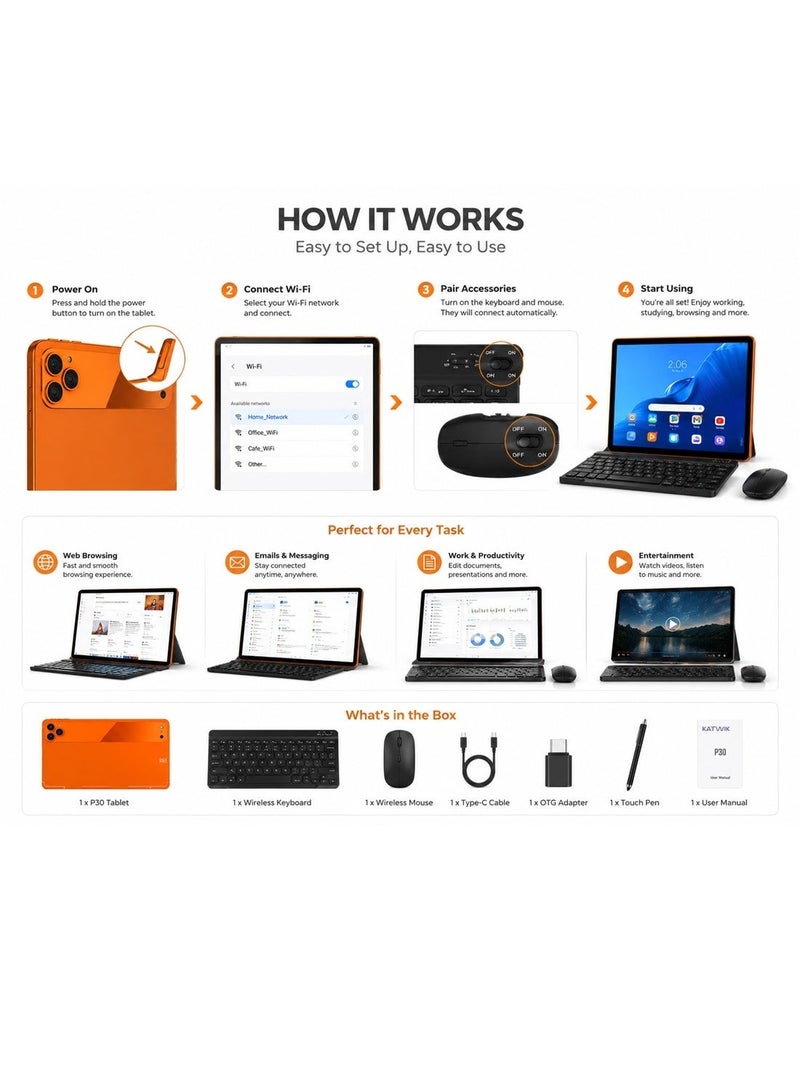 Katwik P30 Kids Smart PC Tablet 10.1" Display, Wireless Keyboard & Mouse, Flip Cover, Stylus Pen and C-Type Charger Tab - Orange - Image 3