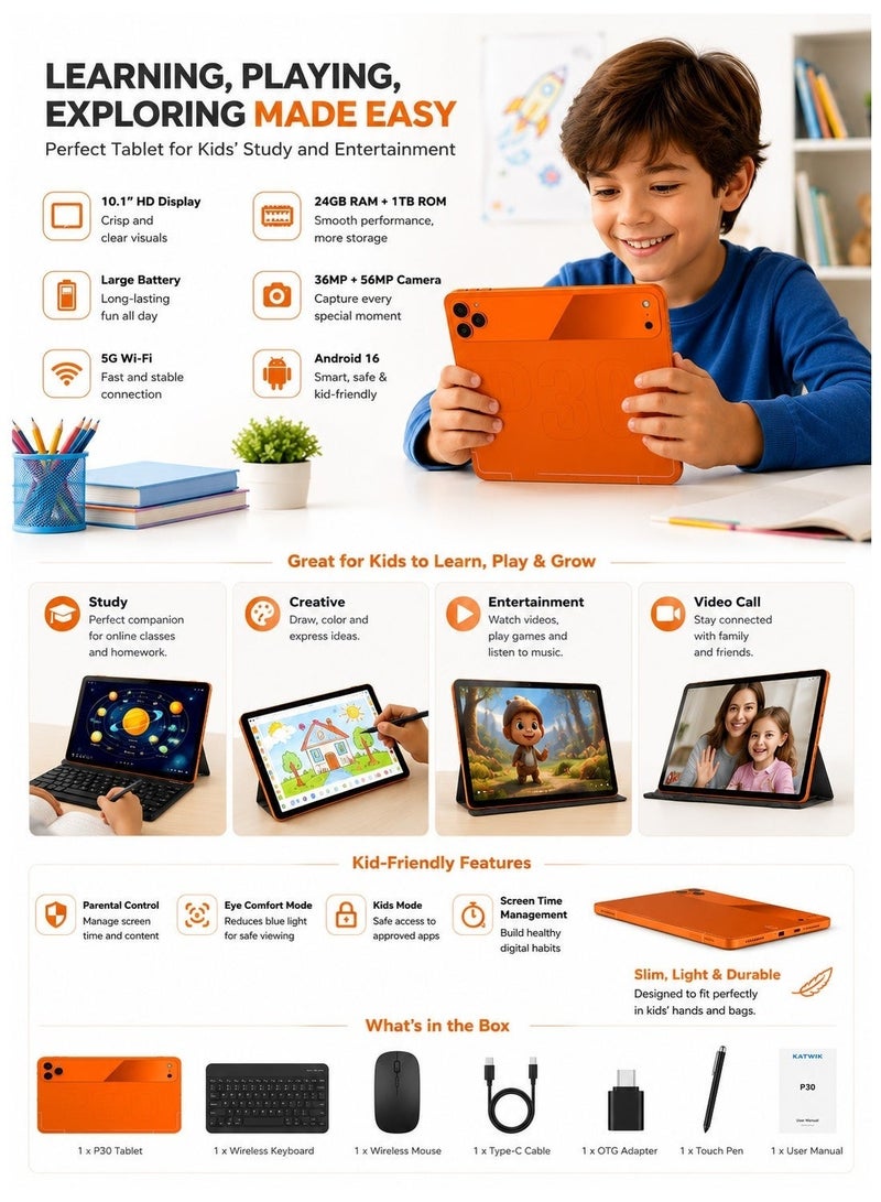 Katwik P30 Kids Smart PC Tablet 10.1" Display, Wireless Keyboard & Mouse, Flip Cover, Stylus Pen and C-Type Charger Tab - Orange - Image 4