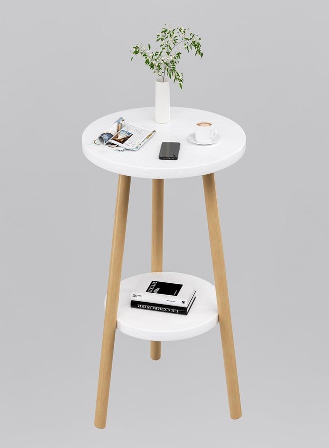 OERGKE Round End Table, Small Side Tables with Lower Shelf, Coffee Table, Bedside Table, Mid Century Modern Nightstand for Living Room, Bedroom, Corners and Office (White) - Image 1