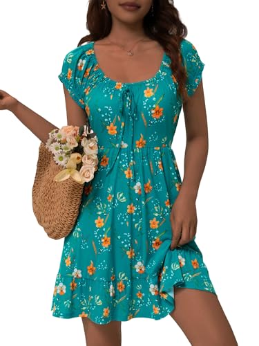 HUHOT Summer Spring Sun Dresses for Women 2026 Vacation Milkmaid Sundress Mini Green Floral Vestidos De Vera Casual Ruffle Teens Flower Over 50 Petite Flattering to Hide Tummy with Sleeves - Image 1