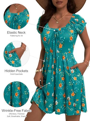 HUHOT Summer Spring Sun Dresses for Women 2026 Vacation Milkmaid Sundress Mini Green Floral Vestidos De Vera Casual Ruffle Teens Flower Over 50 Petite Flattering to Hide Tummy with Sleeves - Image 4
