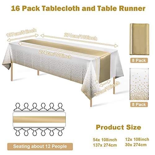 MASHAN 16Pack Disposable Plastic Tablecloths and Satin Table Runner Set White and Gold Dot Tablecloth Gold Satin Table Runner for Wedding Birthday Baby Shower Anniversary Christmas New Year Party Decorations - Image 2