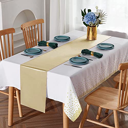MASHAN 16Pack Disposable Plastic Tablecloths and Satin Table Runner Set White and Gold Dot Tablecloth Gold Satin Table Runner for Wedding Birthday Baby Shower Anniversary Christmas New Year Party Decorations - Image 4