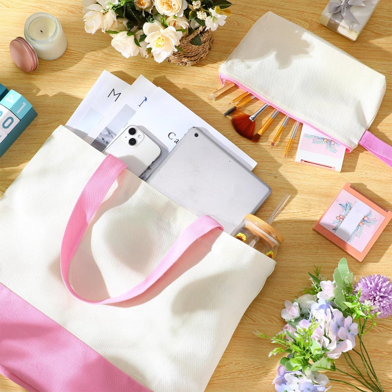 Sanwuta 24 Pcs Canvas Tote Bags Bulk 18.5" Cotton Cosmetic Bags with Zipper Reusable Shopping Tote with Handles(Pink and Beige) - Image 2