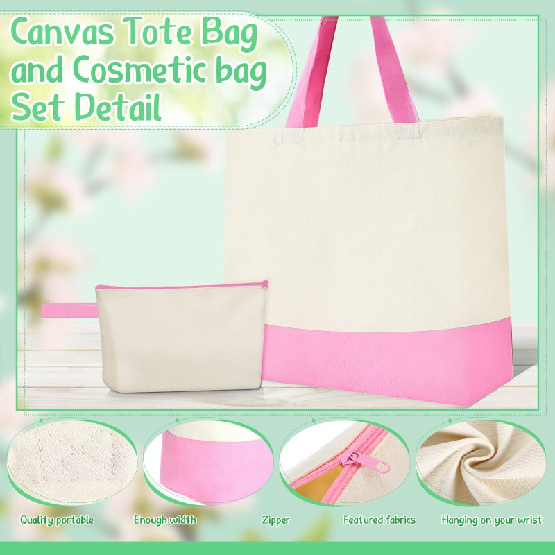Sanwuta 24 Pcs Canvas Tote Bags Bulk 18.5" Cotton Cosmetic Bags with Zipper Reusable Shopping Tote with Handles(Pink and Beige) - Image 4