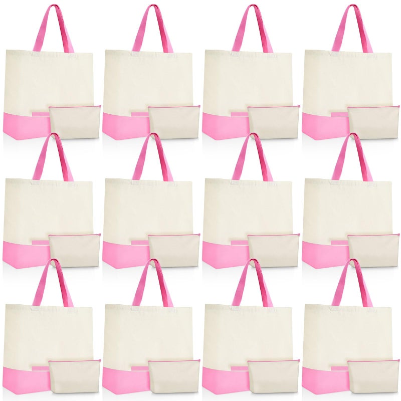 Sanwuta 24 Pcs Canvas Tote Bags Bulk 18.5" Cotton Cosmetic Bags with Zipper Reusable Shopping Tote with Handles(Pink and Beige) - Image 1