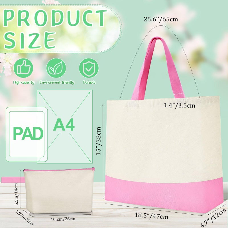 Sanwuta 24 Pcs Canvas Tote Bags Bulk 18.5" Cotton Cosmetic Bags with Zipper Reusable Shopping Tote with Handles(Pink and Beige) - Image 3