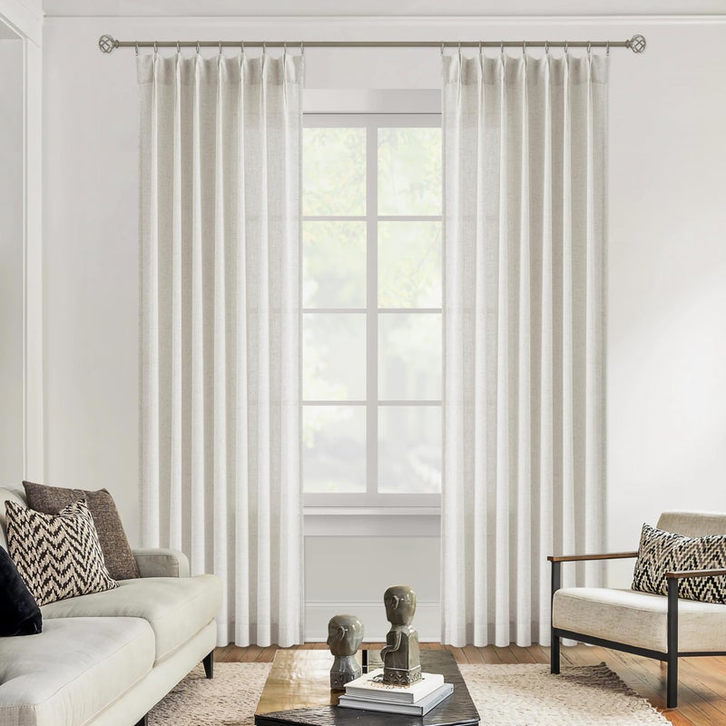 Vision Home Natural Pinch Pleated Semi Sheer Curtains Textured Linen Blended Light Filtering Window Curtains 108 inch for Living Room Bedroom Pinch Pleat Drapes with Hooks 2 Panels 9ft 42" Wx108 L - Image 1