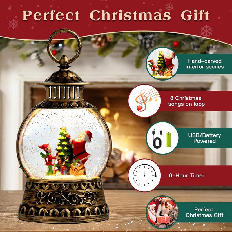 Aixuler Christmas Santa Snow Globe, Christmas Musical Snow Globe Lantern Lights with 6H Timer Battery & USB Powered, Retro Style Holiday Glitter Globe for Xmas Home Decoration Holiday Party Gifts - Image 2