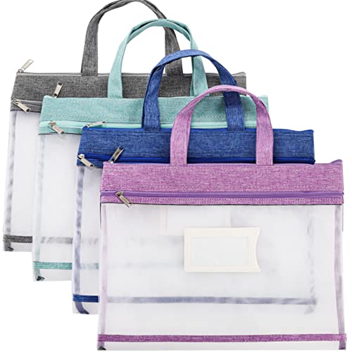 AVLA 4 Pack Student Book Pouches, A4 Mesh Zipper Bag with Handle, File Document Puzzle Bag with Name Card Pocket for Organizing Storage Board Games, School Office Appliances, Convenient to Carry - Image 1