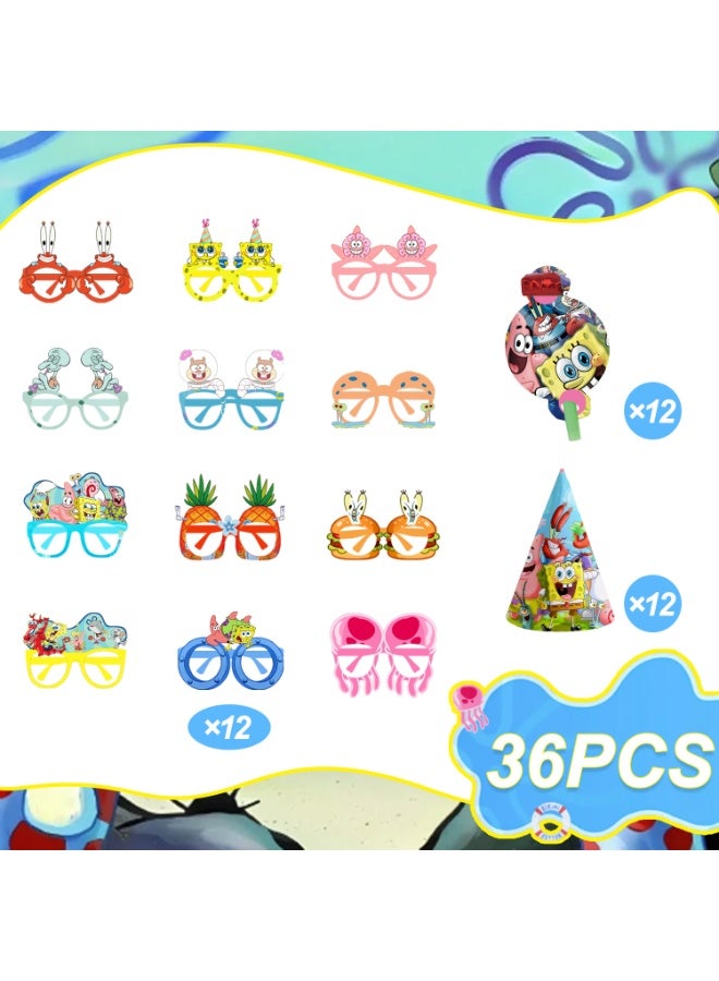 ILovhaprty 36pcs SpongeBob SquarePants Party Favors Set – 12 pongeBob Paper Eyeglasses + 12 Blowouts + 12 Birthday Hats, Bikini Bottom Party Costume Accessories for Kids Birthday, Photo Booth Props, Classroom Events & Themed Celebrations - Image 3