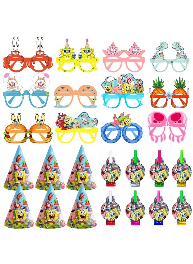 ILovhaprty 36pcs SpongeBob SquarePants Party Favors Set – 12 pongeBob Paper Eyeglasses + 12 Blowouts + 12 Birthday Hats, Bikini Bottom Party Costume Accessories for Kids Birthday, Photo Booth Props, Classroom Events & Themed Celebrations - Image 5