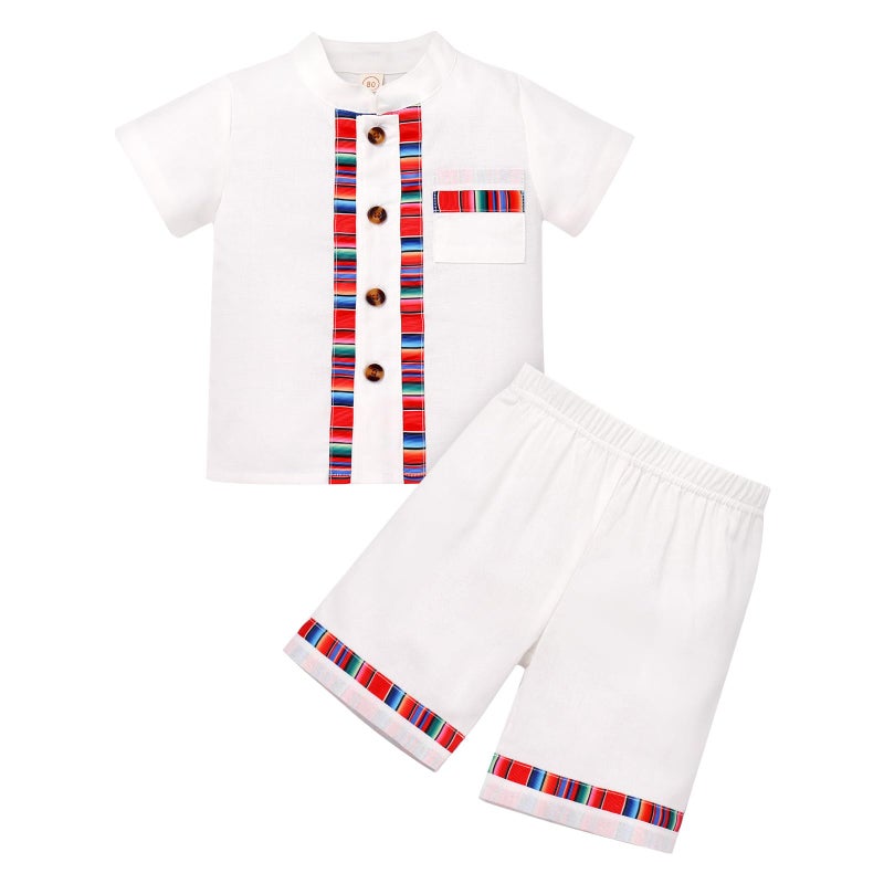 ODIZLI Traditional Mexican Baby Boy Clothes Embroidered Button Down Guayabera Shirt and Shorts Folklore Toddler Kids Ethnic Wear Cinco De Mayo Fiesta 2 Pieces Clothes Beige 34 Years - Image 2