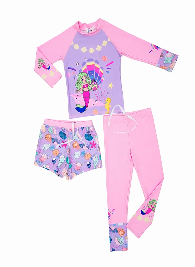 babyqlo Three-Piece Mermaid Print Swimwear Set for Girls