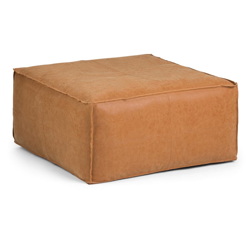 SIMPLIHOME Brody 30inch Wide Large Square Coffee Table Pouf in Distressed Brown Vegan Faux Leather Ottoman Footrest or Extra Seating for Living Room Assembled