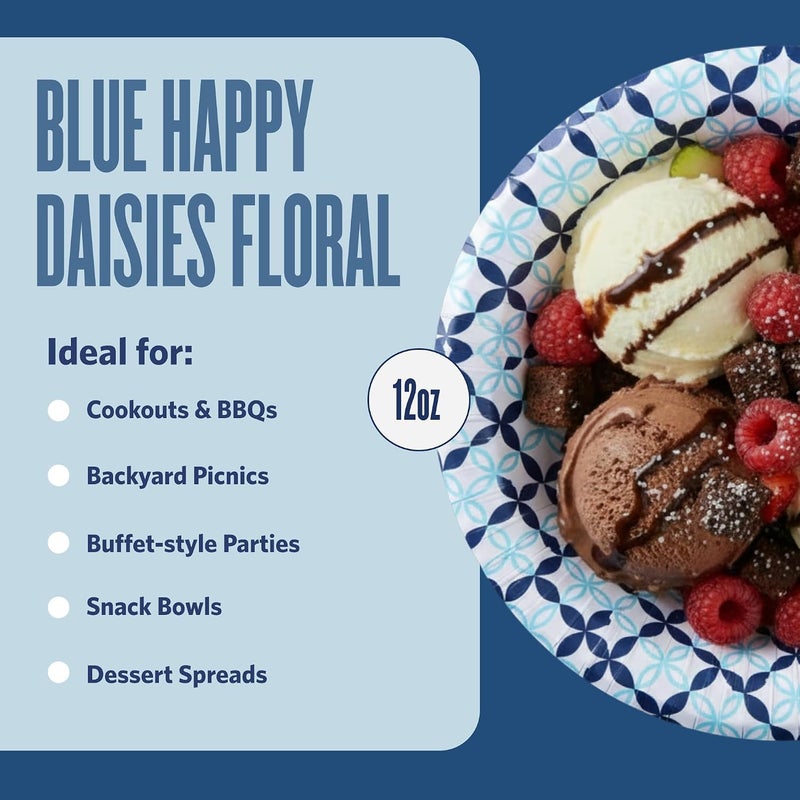 Glad Round Disposable Paper Bowls, Blue Happy Daisies Design, 16 Oz, 50 Count – Soak-Proof & Cut-Resistant – For Soup, Cereal, Salads & Everyday Use - Image 4
