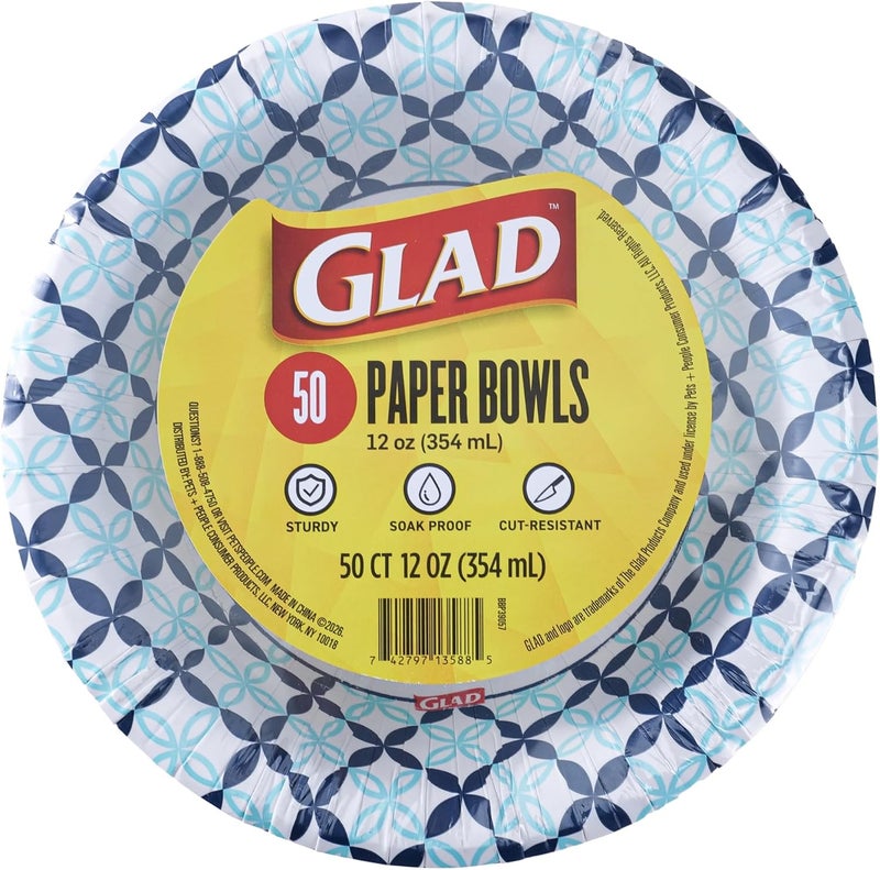 Glad Round Disposable Paper Bowls, Blue Happy Daisies Design, 16 Oz, 50 Count – Soak-Proof & Cut-Resistant – For Soup, Cereal, Salads & Everyday Use - Image 1
