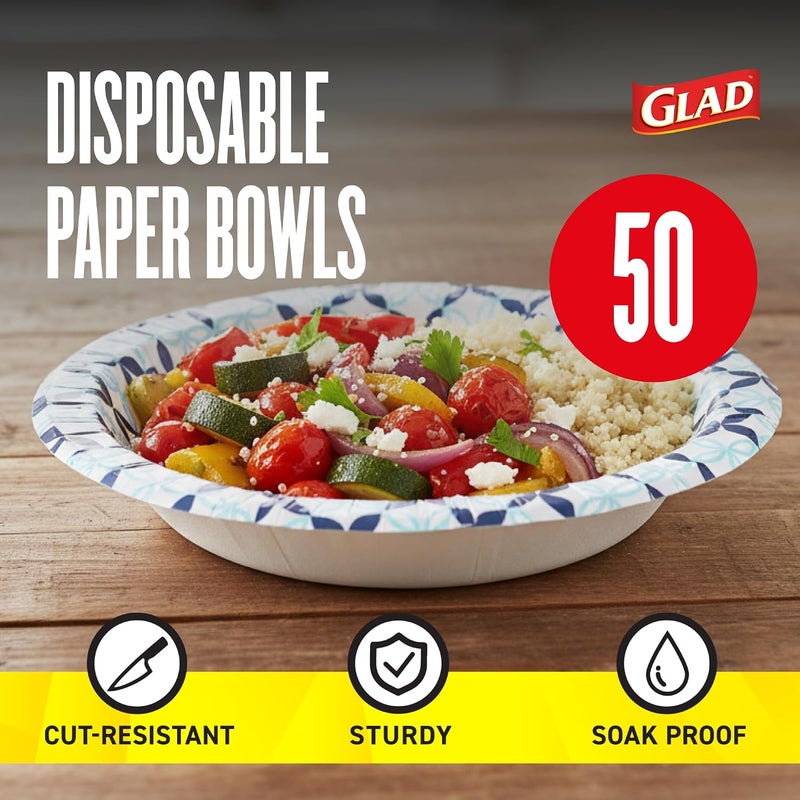 Glad Round Disposable Paper Bowls, Blue Happy Daisies Design, 16 Oz, 50 Count – Soak-Proof & Cut-Resistant – For Soup, Cereal, Salads & Everyday Use - Image 2