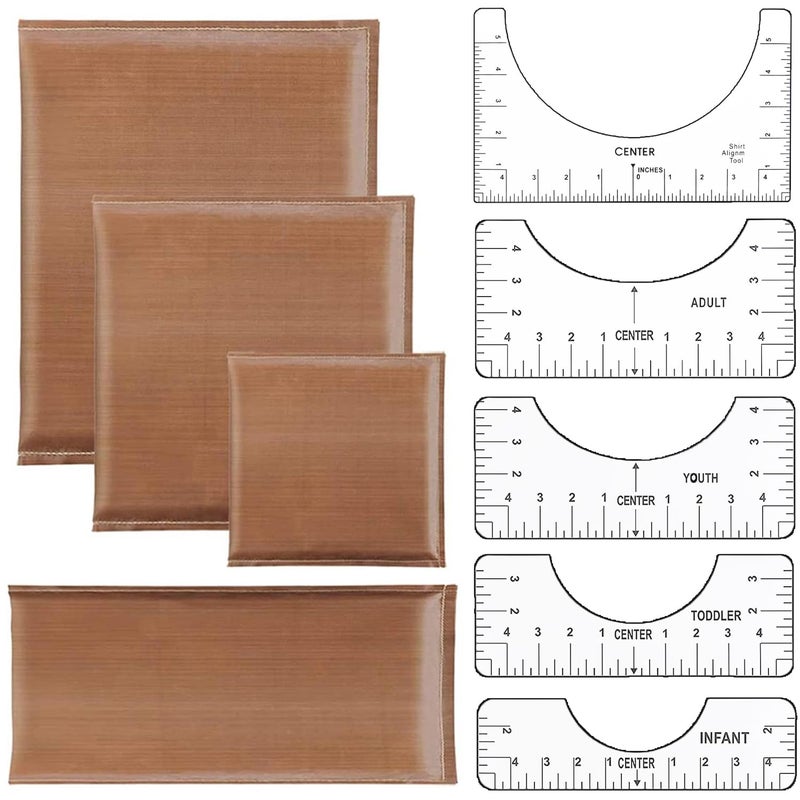 VCHOMY مجموعة 9 عبوات وسادة ضغط حراري 4 أحجام وسائد نقل تيفلون مع 5 أحجام دليل مسطرة تي شيرت لمحاذاة الفينيل