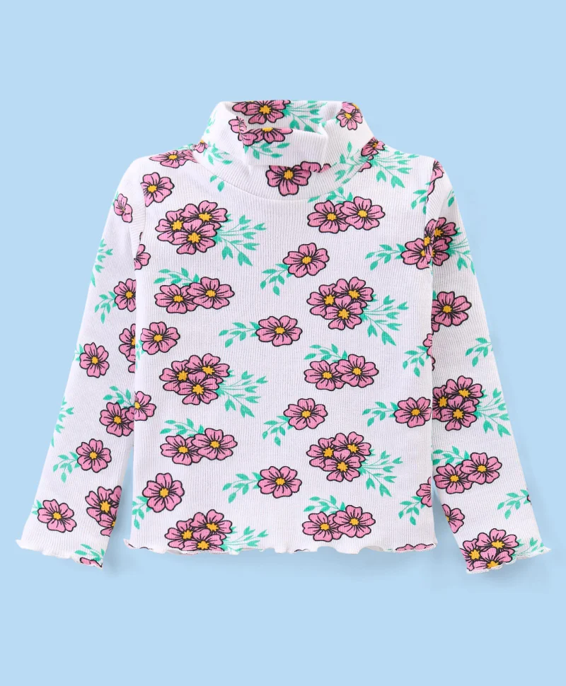 babyhug Babyhug Floral Printed Turtle Neck Top and Loose Fit Lounge Pants Set - White and Pink