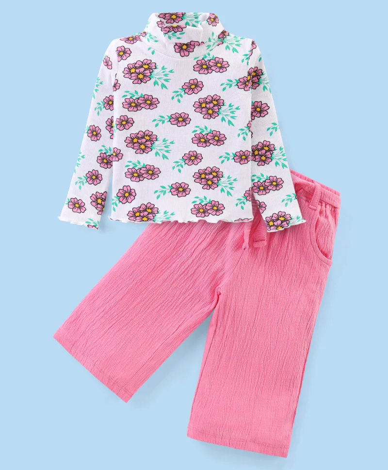babyhug Babyhug Floral Printed Turtle Neck Top and Loose Fit Lounge Pants Set - White and Pink
