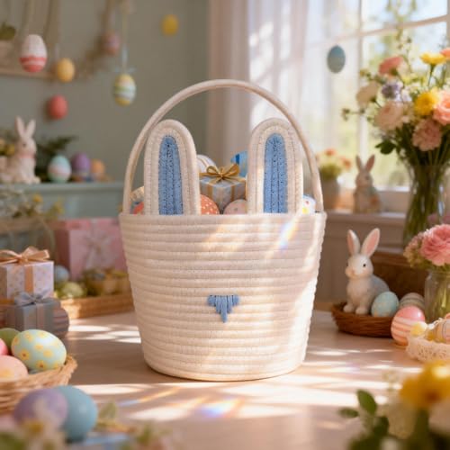 Poschnor Large Easter Basket with Gift Bags and Ribbons, Easter Bunny Basket for Kids, Woven Cotton Rope Basket for gifting, Blue/White - Image 2