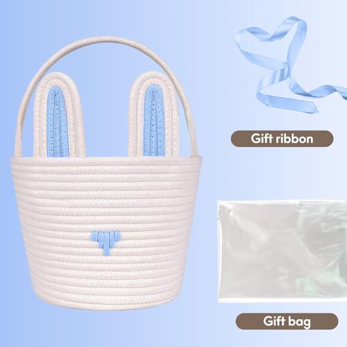 Poschnor Large Easter Basket with Gift Bags and Ribbons, Easter Bunny Basket for Kids, Woven Cotton Rope Basket for gifting, Blue/White - Image 3
