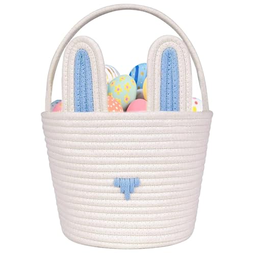 Poschnor Large Easter Basket with Gift Bags and Ribbons, Easter Bunny Basket for Kids, Woven Cotton Rope Basket for gifting, Blue/White - Image 1